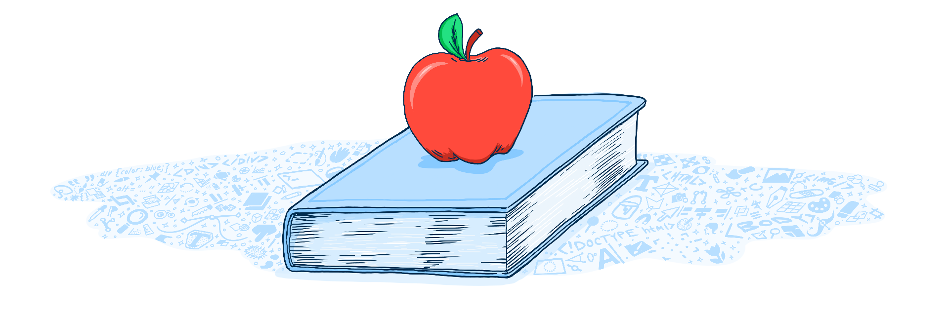 Illustration of a book and an apple.